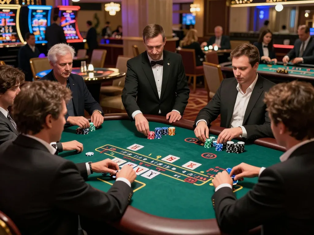 Players strategizing their bets at a blackjack table in a vibrant 23WIN casino atmosphere.