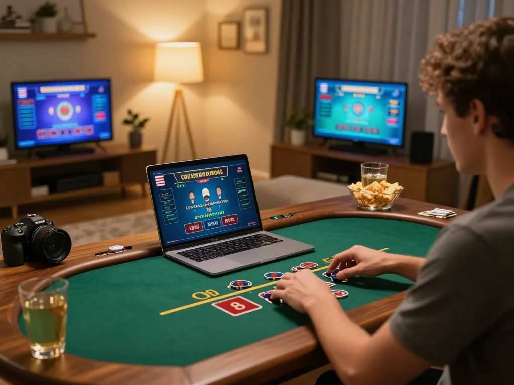 MISO88 online player engaging in live dealer blackjack at home, showcasing a cozy gambling atmosphere.