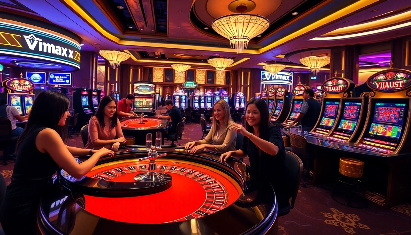 Experience luxury gambling at Vmax with vibrant casino tables and engaged players winning big.