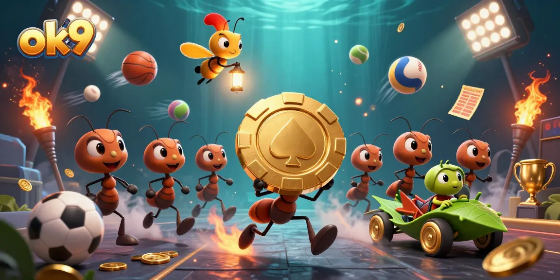 ok9 promotes excitement with ants heisting a golden chip in a dynamic casino illustration.