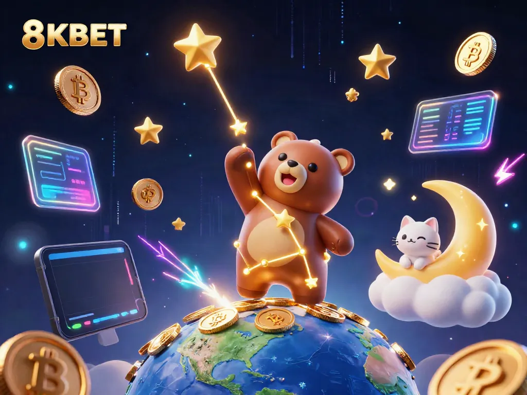 Play and win with 8KBET in this vibrant 3D casino illustration featuring stars, coins, and neon lights.