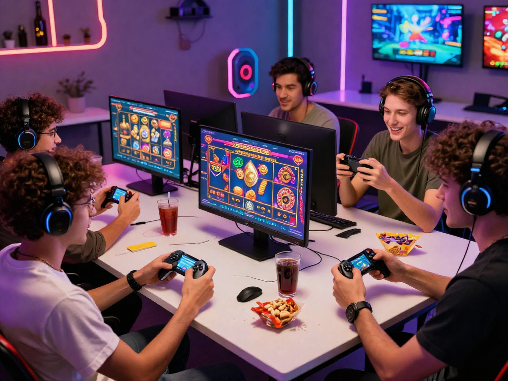 Experience the excitement of a crypto casino night with friends engaging in vibrant gaming activities.