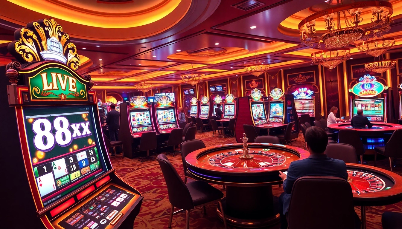 Engaging players in a luxurious casino setup at 88xx, featuring vibrant slot machines and professional poker tables