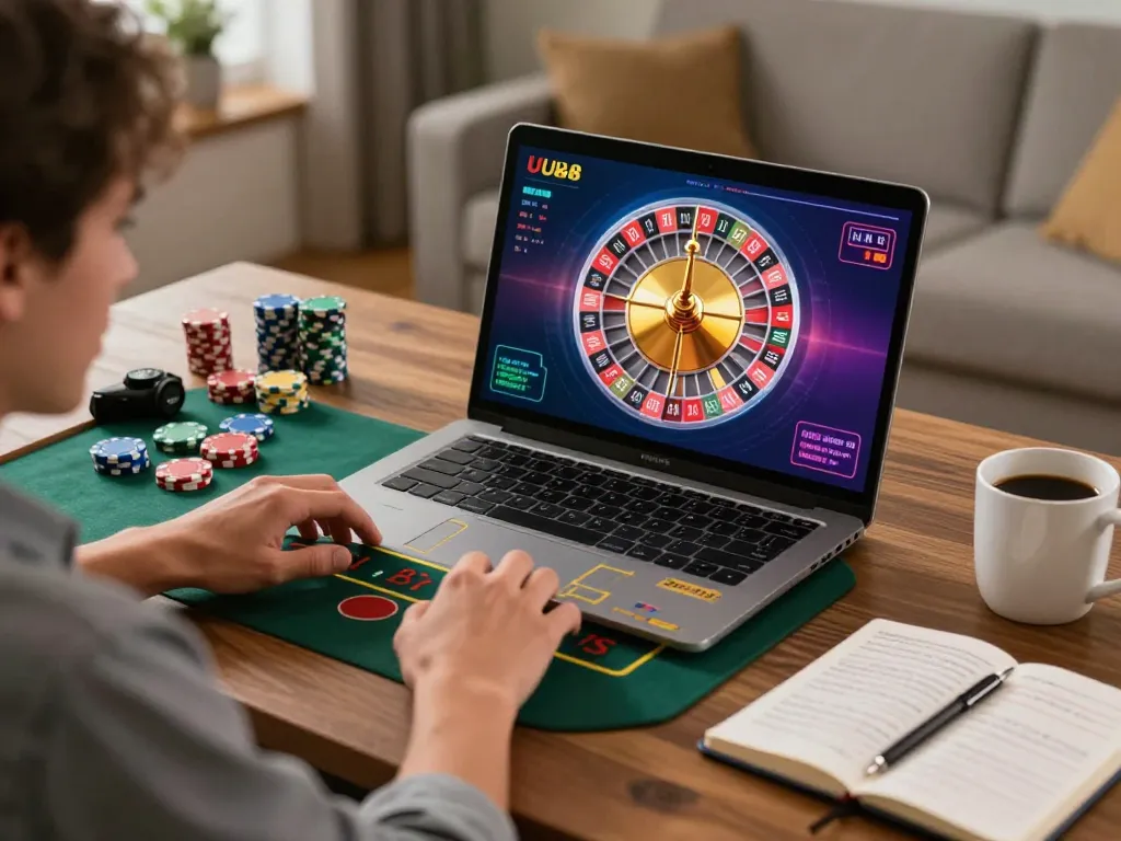 UU88 online roulette gameplay with chips and vibrant screen in a cozy home setting.