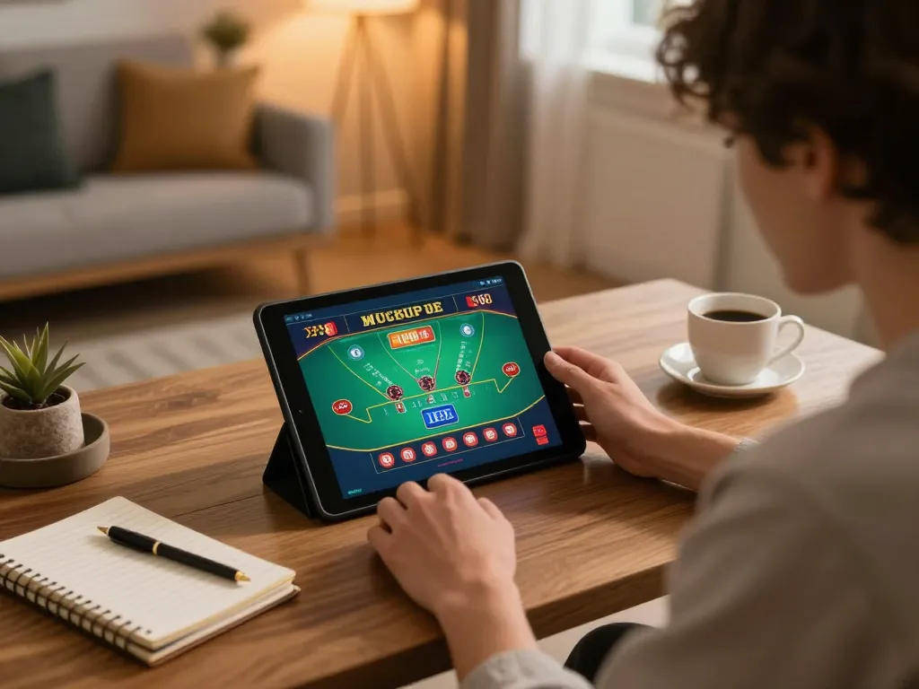 An engaged player enjoying a live dealer game at XX88 on a tablet, showcasing the thrill of online gambling.