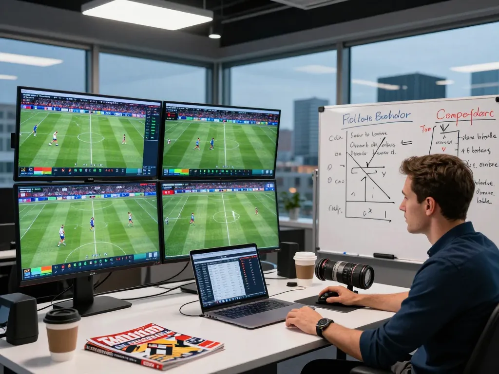 Expert soccer tips being analyzed in a high-tech studio with screens and tactical notes.