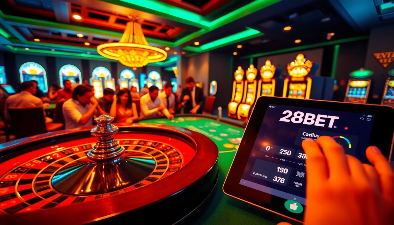 Exciting gaming scene featuring 28BET roulette and poker games in a vibrant casino atmosphere.