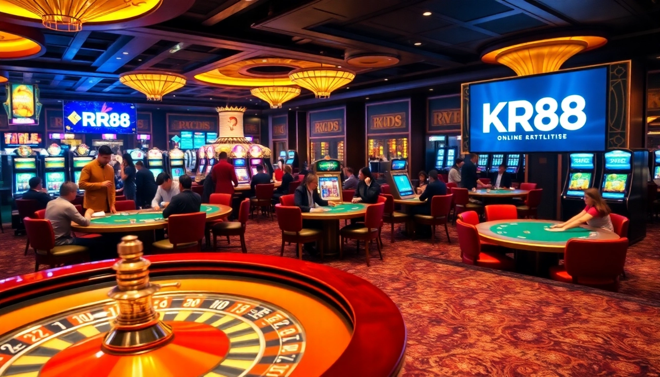 An exciting gambling scene featuring KJC RR88 branding with players at roulette and poker tables.