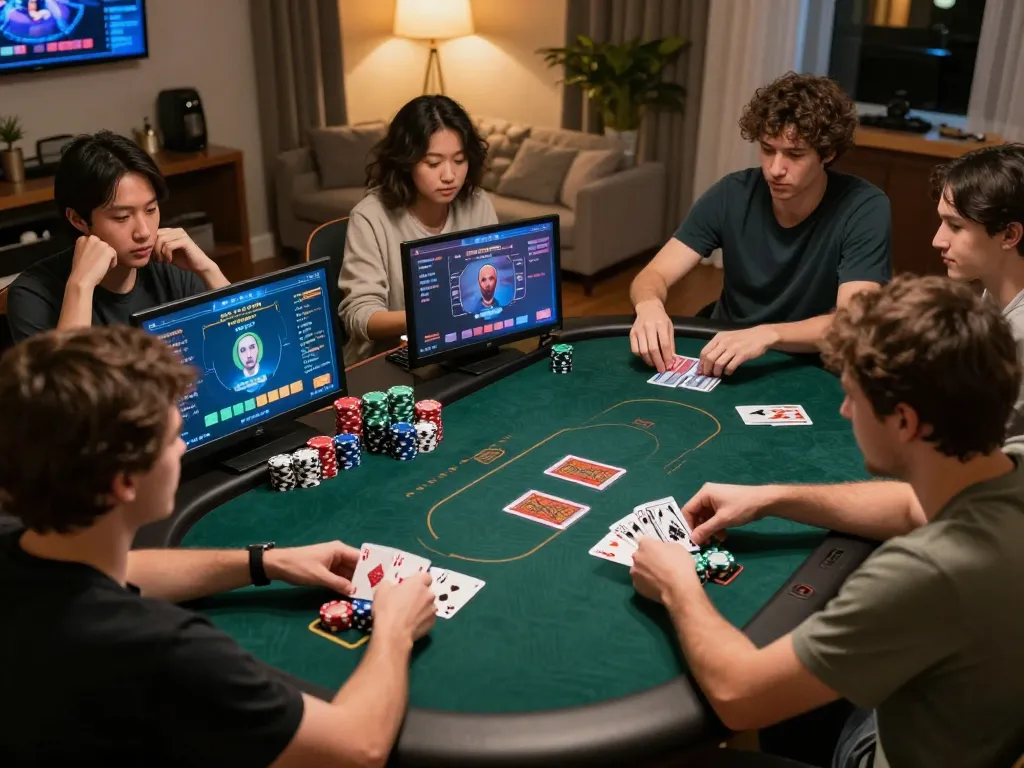 Players enjoying a thrilling online poker game at 32win, showcasing chips and cards.