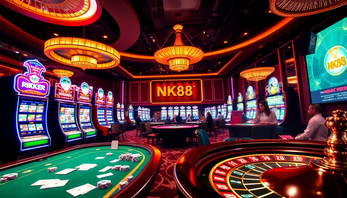 Exciting NK88 casino experience capturing players at tables and slot machines.