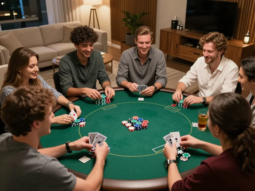 Friends enjoying a poker game at home, engaged in strategy and excitement, showcasing responsible gaming with nhacaiuytinn approach