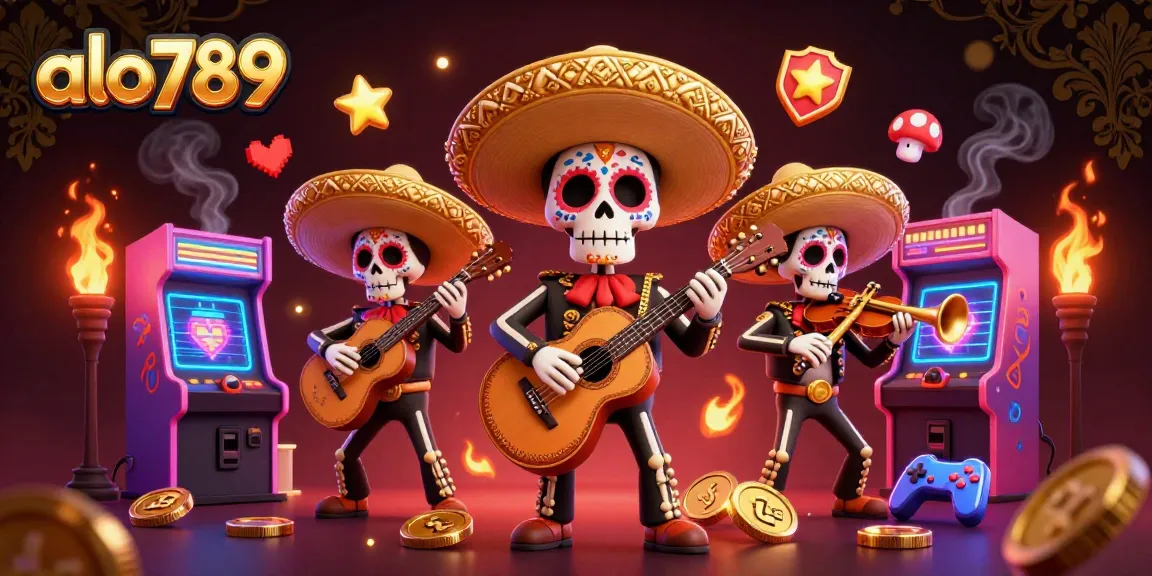 Join the fiesta at alo789 as a colorful mariachi band plays amidst vibrant arcade and casino elements.