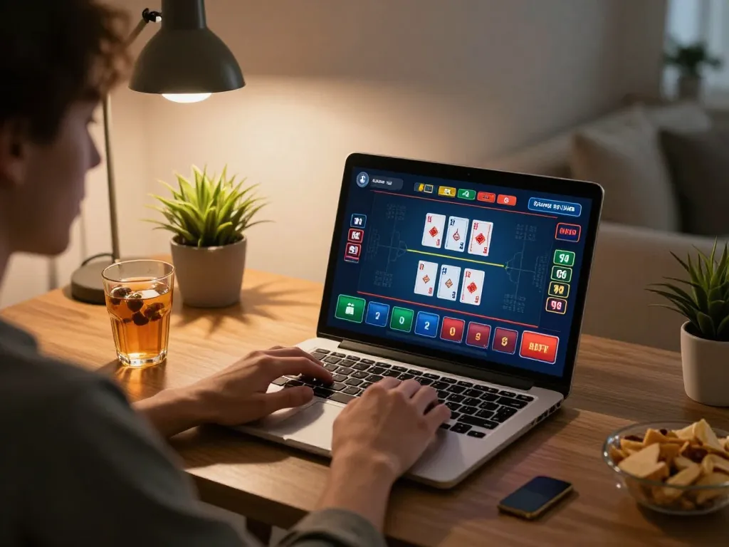 KUWIN player engaging with online casino game on a laptop in a cozy home office.