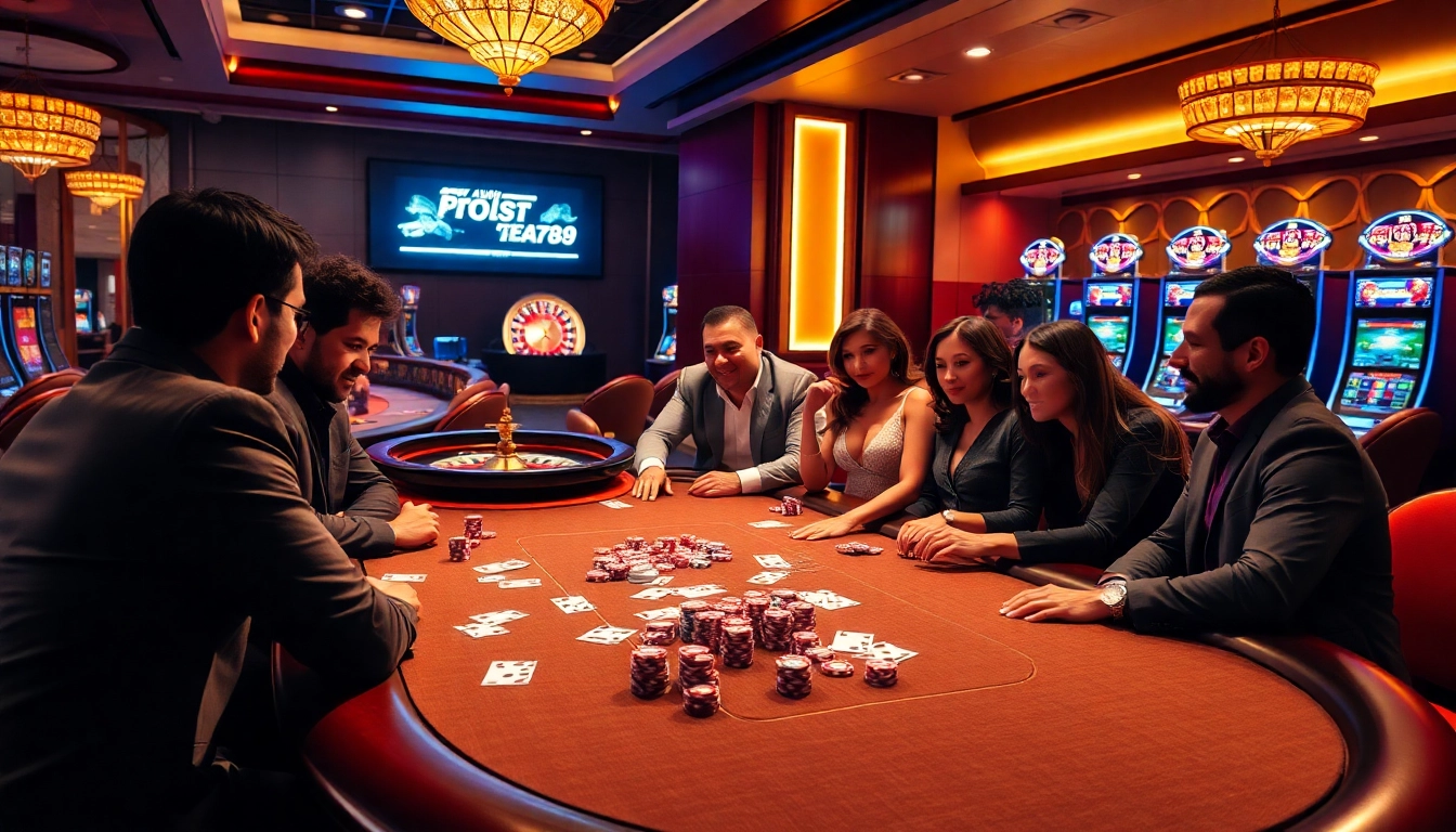 A dynamic casino scene showcasing players engaging at alo789's poker table with luxurious chips and cards.