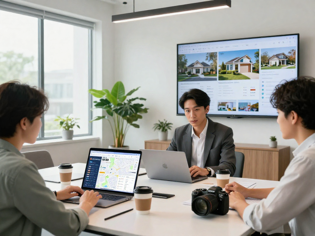 Real estate agent showcasing IDXSTAR listings in a modern office setting.