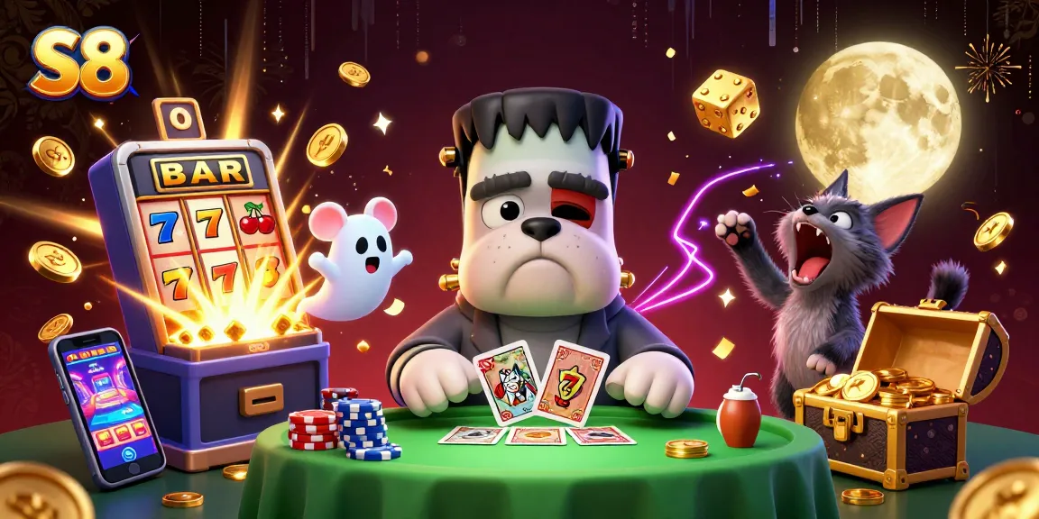Experience S8's 3D casino scene with a bulldog dealer, gold moon, and vibrant jackpots.