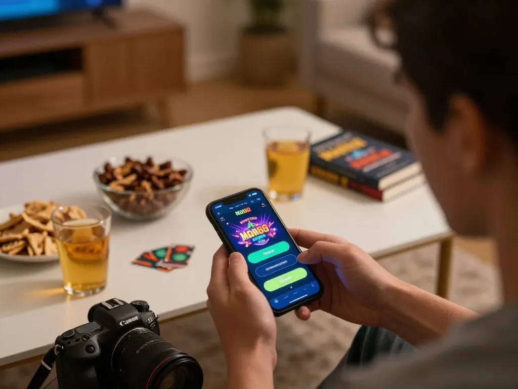 Engaging gameplay on man88 casino app in cozy home setting, showcasing strategic entertainment