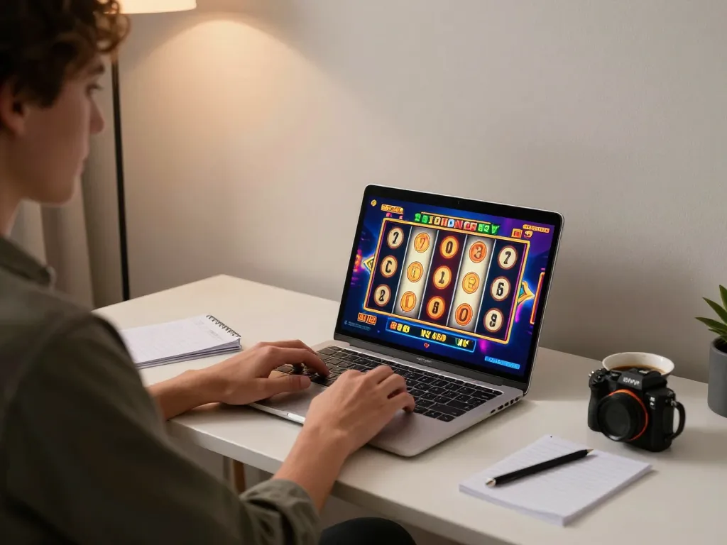 Engaged player enjoying TT88 slot game on laptop in modern home gaming setup