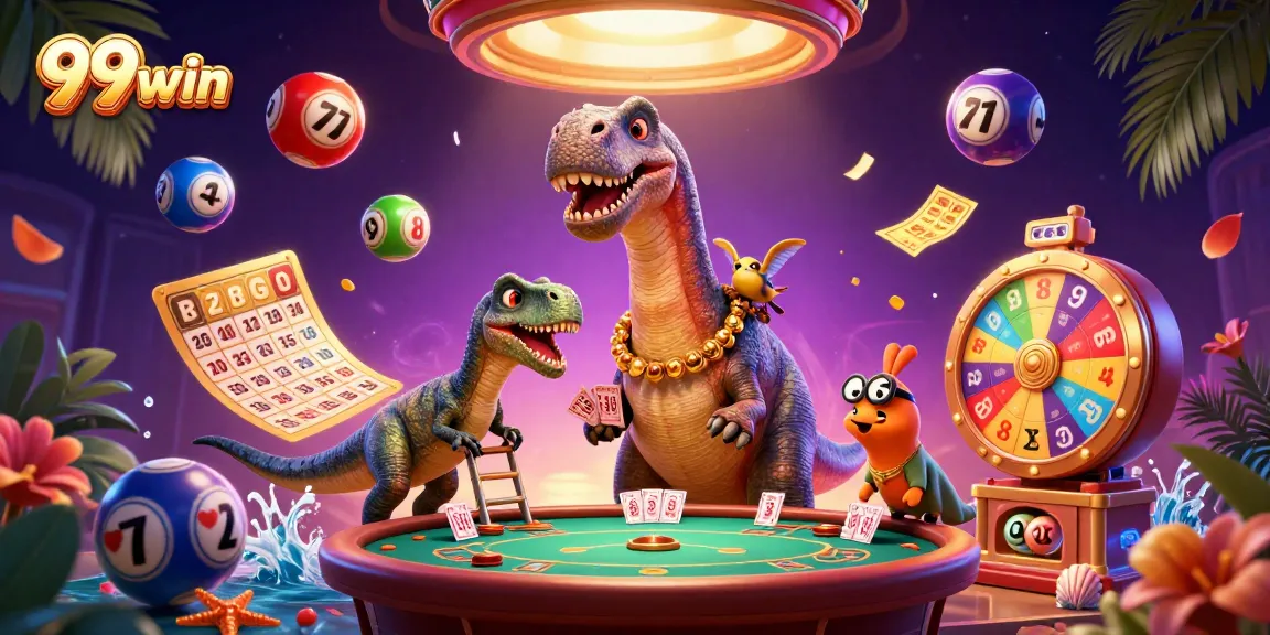 Experience excitement with 99win as a dinosaur dealer amidst colorful casino elements.