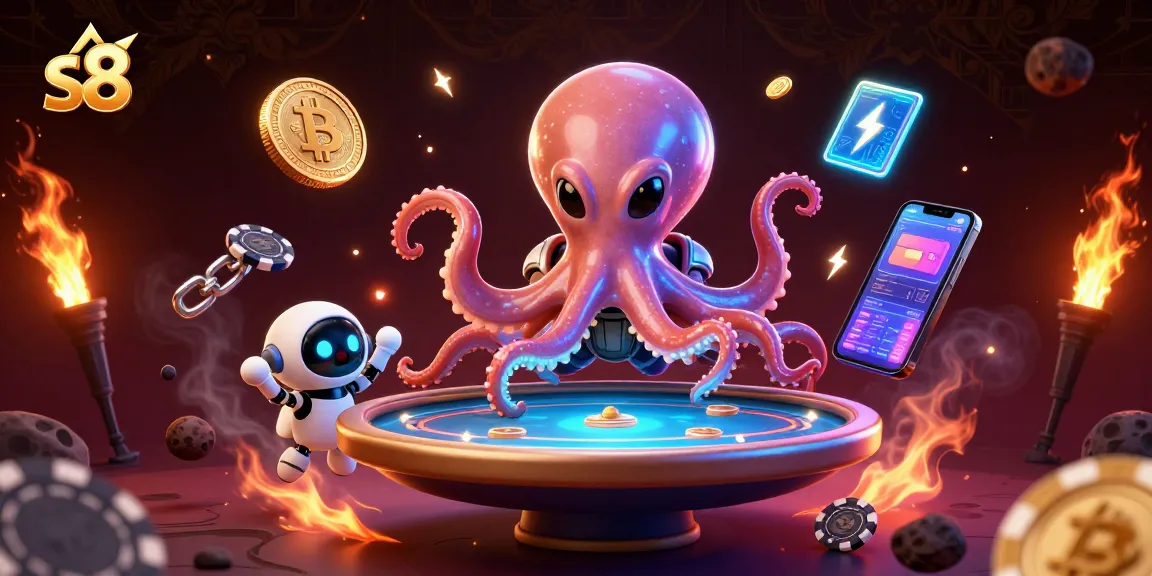 Engage with the vibrant casino action at s8, featuring an alien octopus at a poker table.