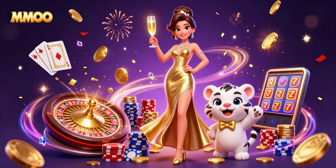 Experience excitement with MMOO at the casino featuring a glamorous woman and lucky tiger.