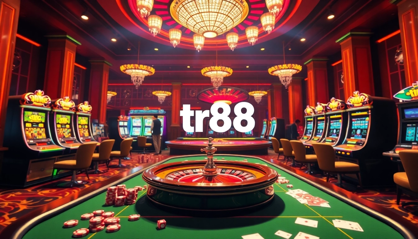 Experience the thrill of tr88 in a vibrant casino with poker tables, roulette wheels, and slot machines.