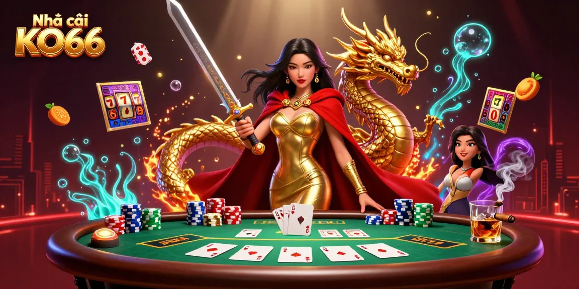 Engage with the action at Nhà cái KO66, featuring a warrior queen surrounded by vibrant gambling elements.
