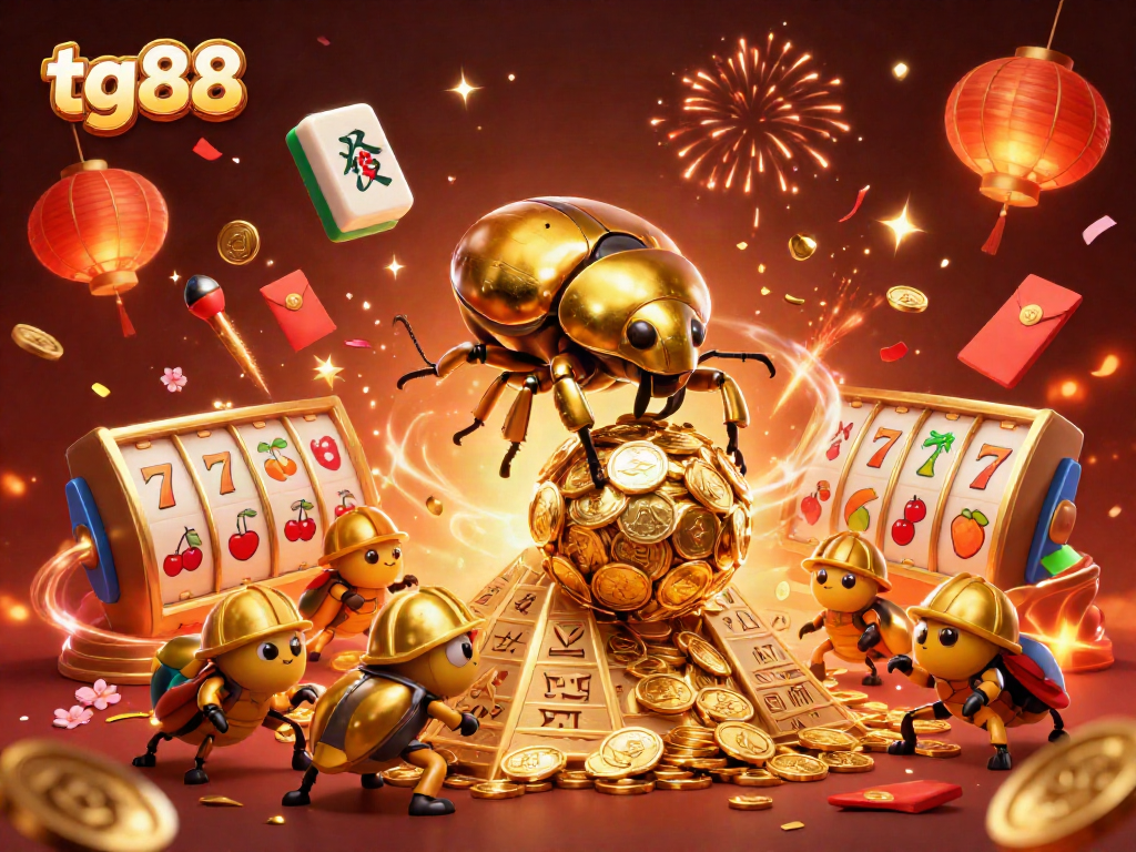 Engage with tg88 as a lucky golden dung beetle rolls coins atop a casino pyramid.
