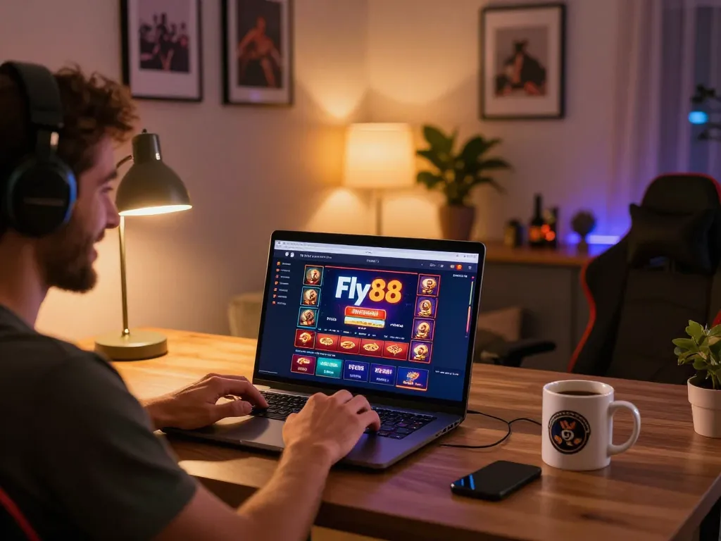 Engaging with Fly88 online casino on a stylish laptop in a cozy home setting