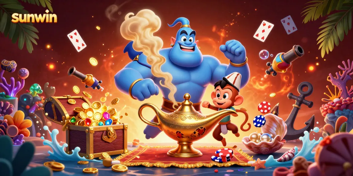 Experience the magic of sunwin with a vibrant casino adventure featuring a genie, monkey, and poker chips.