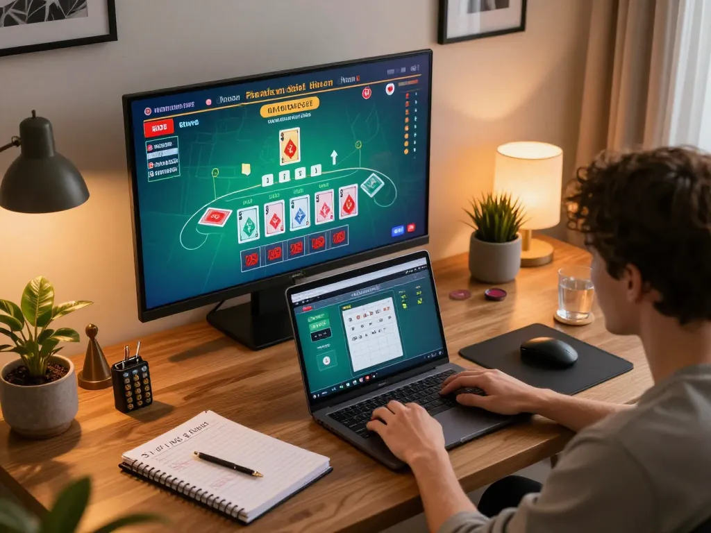 Engaging online blackjack session with cm88 on a laptop, showcasing strategic gameplay and a cozy home office.