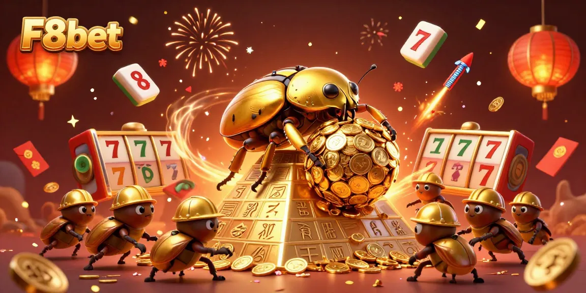 Experience the excitement of F8bet with vibrant casino symbols and golden treasures.