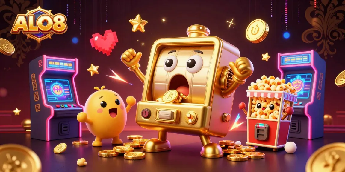 ALO8 delivers exciting jackpot wins as cartoon slot machines celebrate with cascading coins.