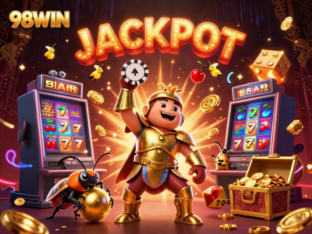 Experience the excitement at 98WIN with a hercules beetle celebrating a casino jackpot.