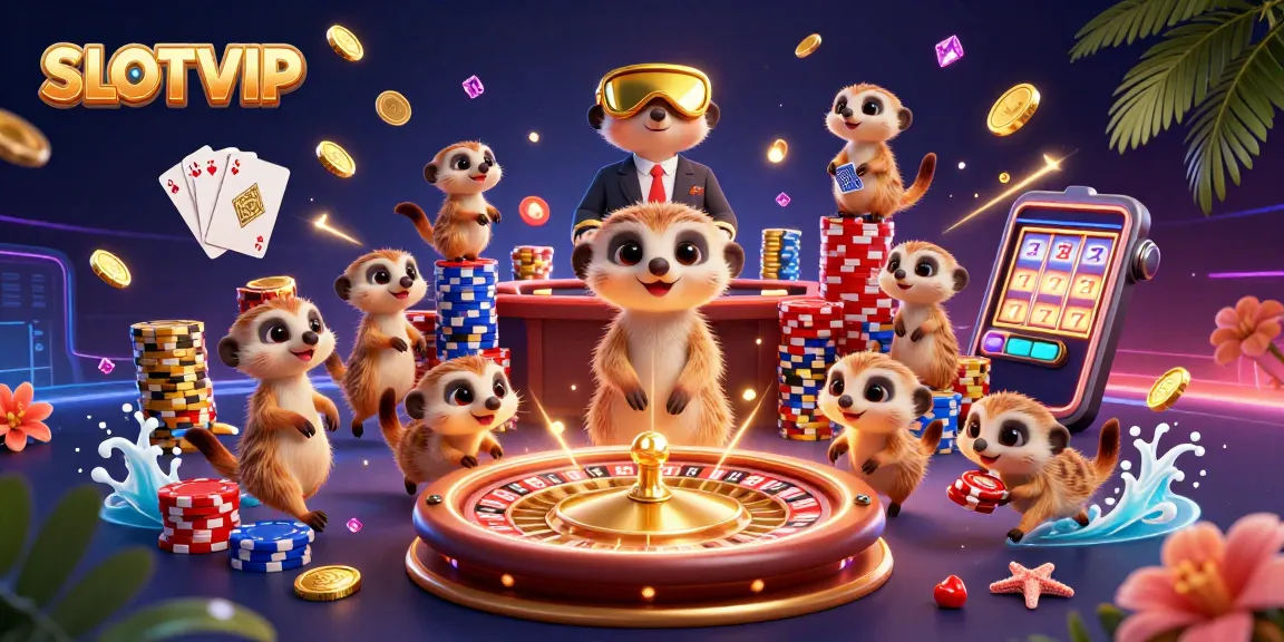 SLOTVIP showcases a vibrant cartoon casino scene with meerkats managing the gaming floor, surrounded by sparkling gems and golden coins.