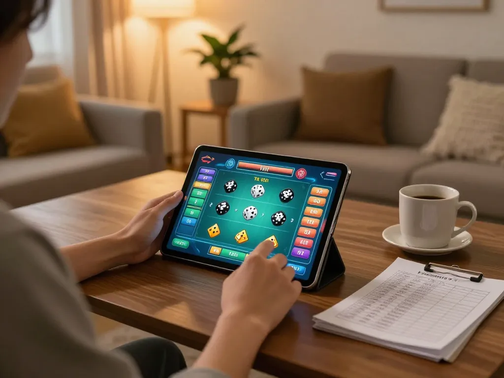 Tài Xỉu online gaming session capturing a player’s excitement with a tablet showing vibrant game interface