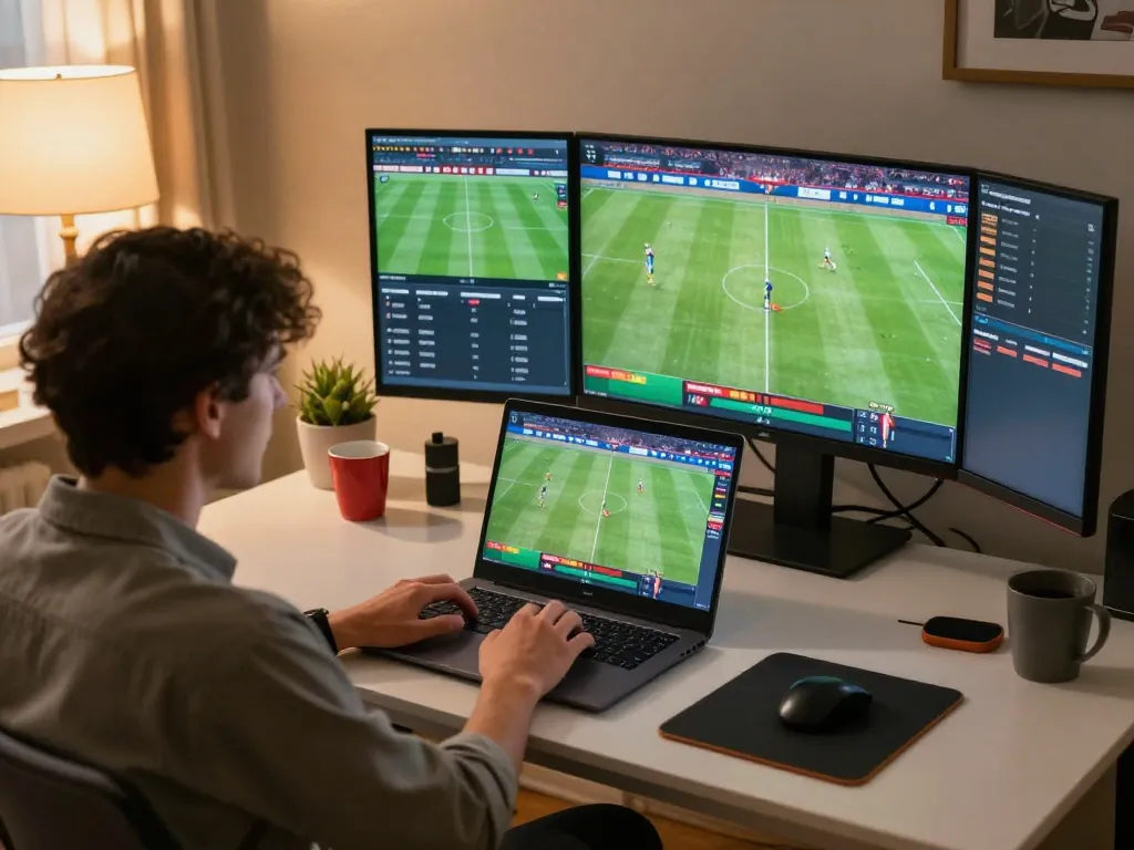 Engaging in kèo bóng đá betting activities from home with multiple screens showing live matches.