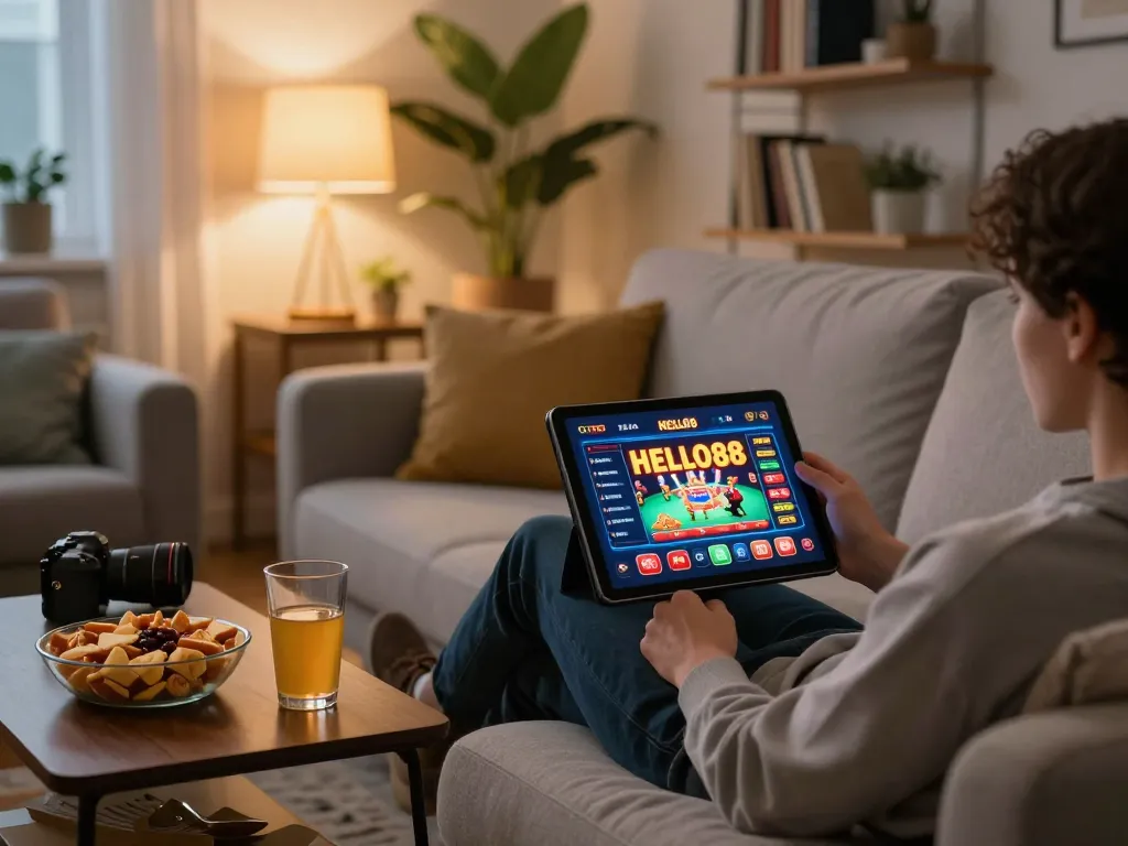 Player enjoying HELLO88 online casino games on a tablet in a cozy home setting.