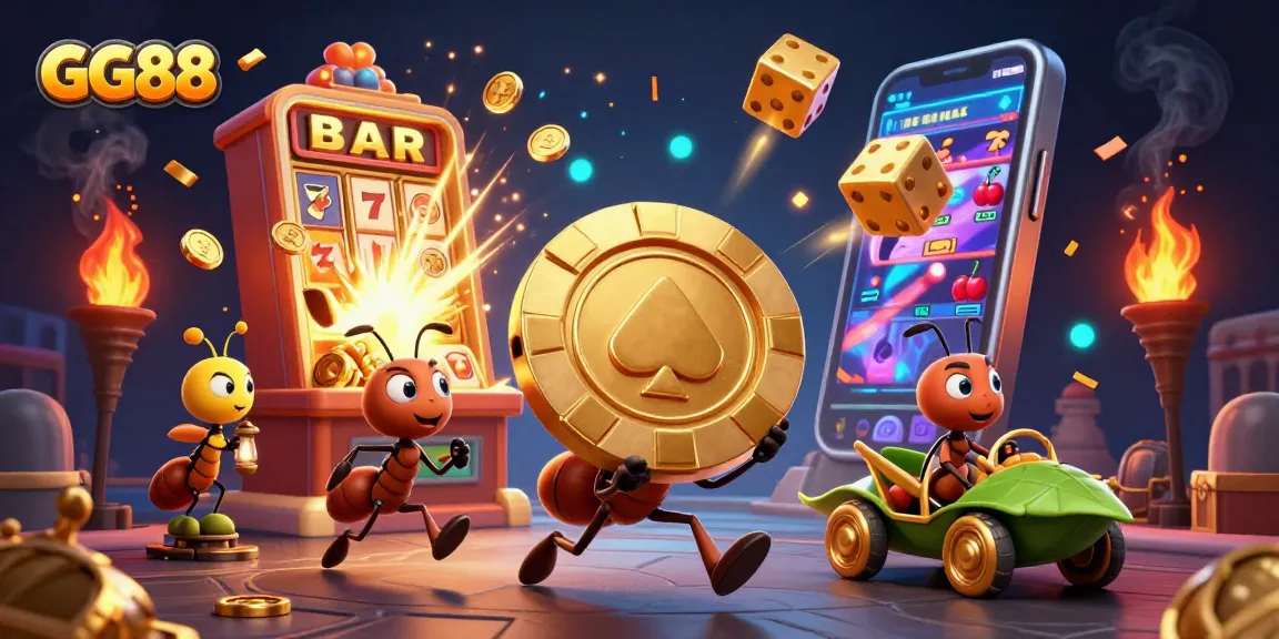 Experience the excitement of GG88 as a team of ants carries a giant poker chip through a vibrant casino world.