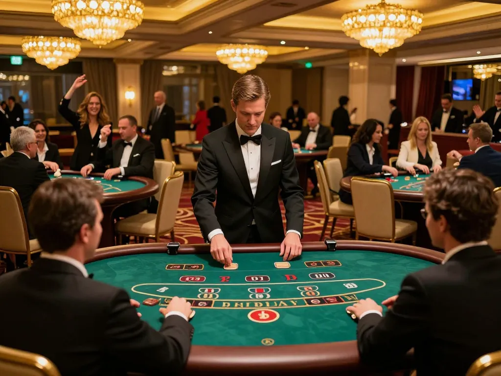 Exciting gameplay at uu88 casino, elegant blackjack table with dealers and players in action.