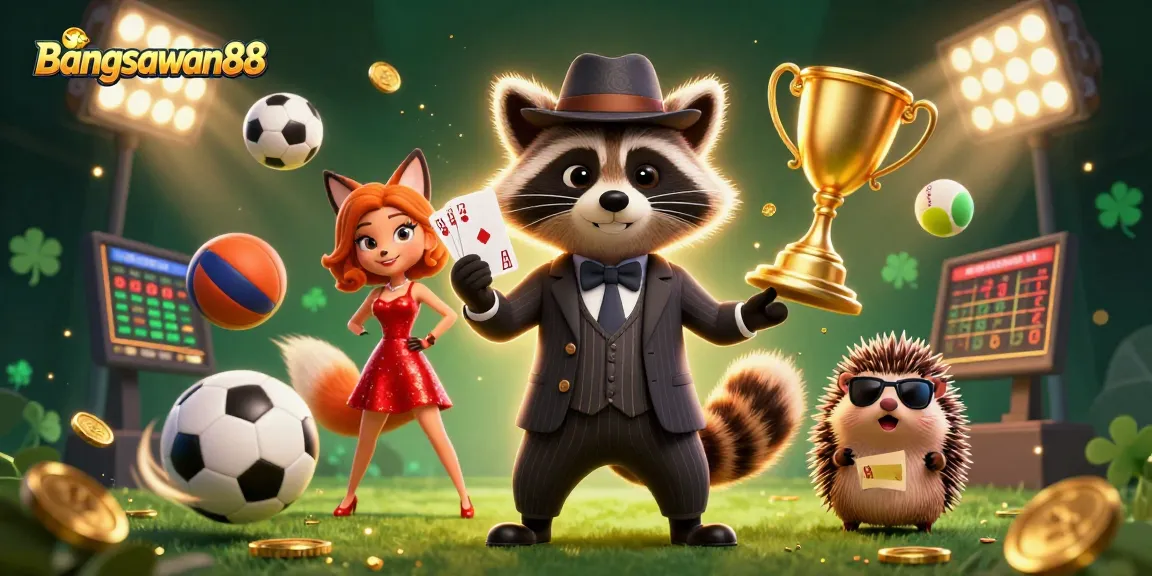 Bangsawan88 showcases a lively scene with a raccoon, fox, and hedgehog amid vibrant sports betting elements.