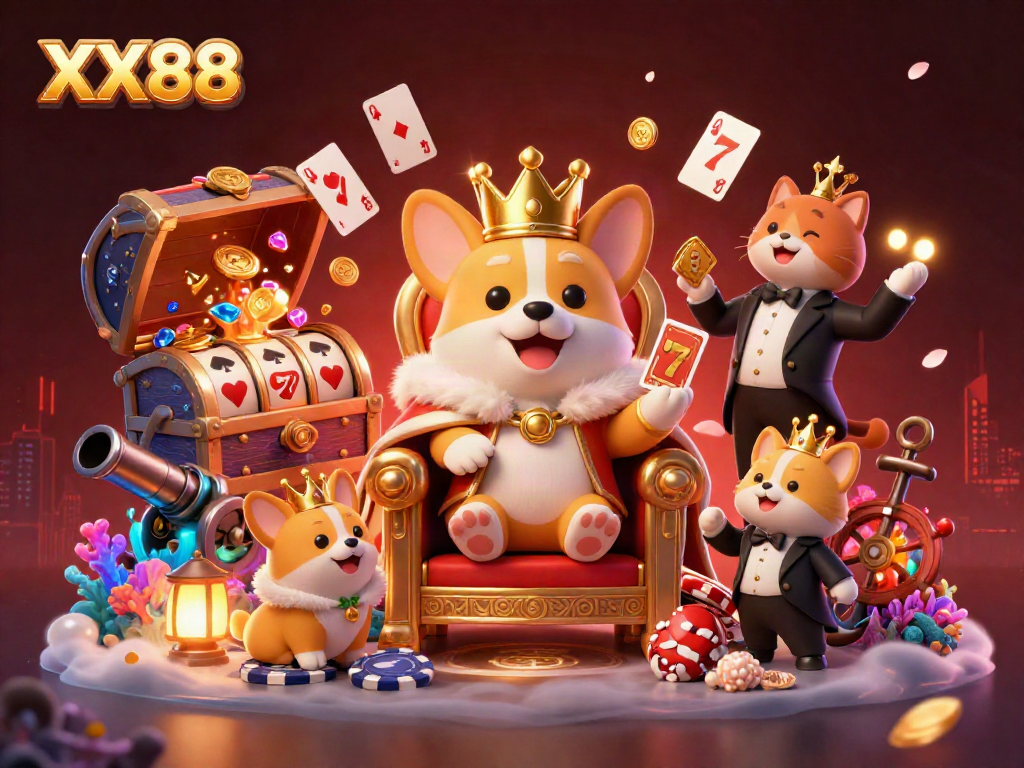 Engage with XX88 as a royal corgi presides over a vibrant casino scene filled with golden treasures and games.