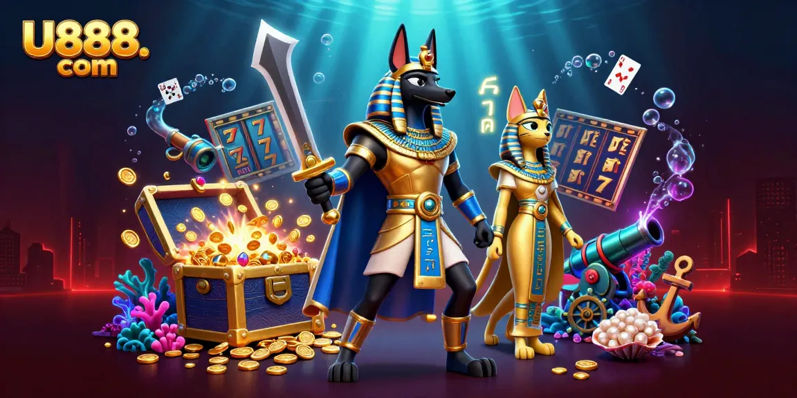 Experience thrilling gaming with slots, jackpots, and more at U888. com's vibrant casino illustration.