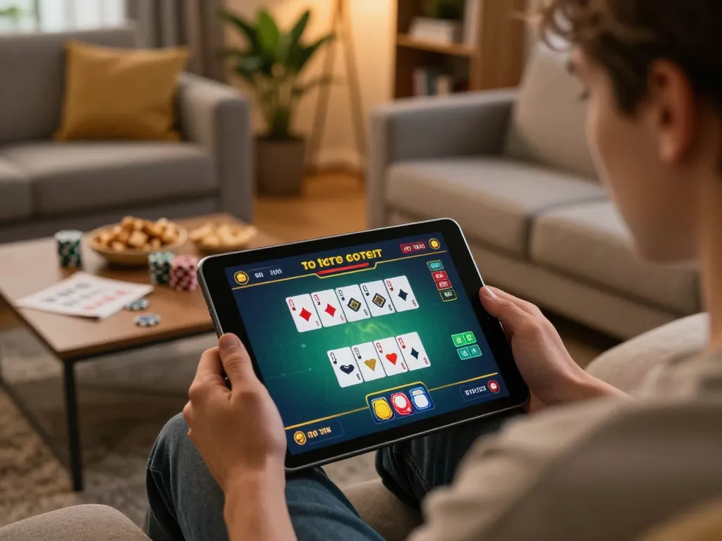 Engaged player using cacuocbongda on tablet in a cozy setting for modern online gambling