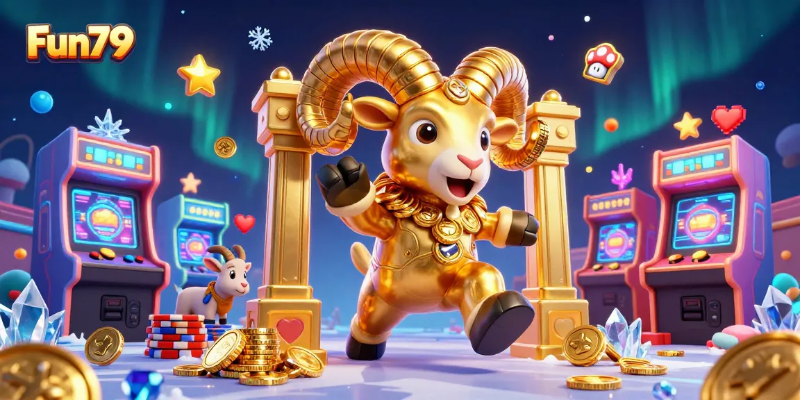 Engage with Fun79's vibrant casino adventure featuring a golden ram charging through a dynamic gaming scene.