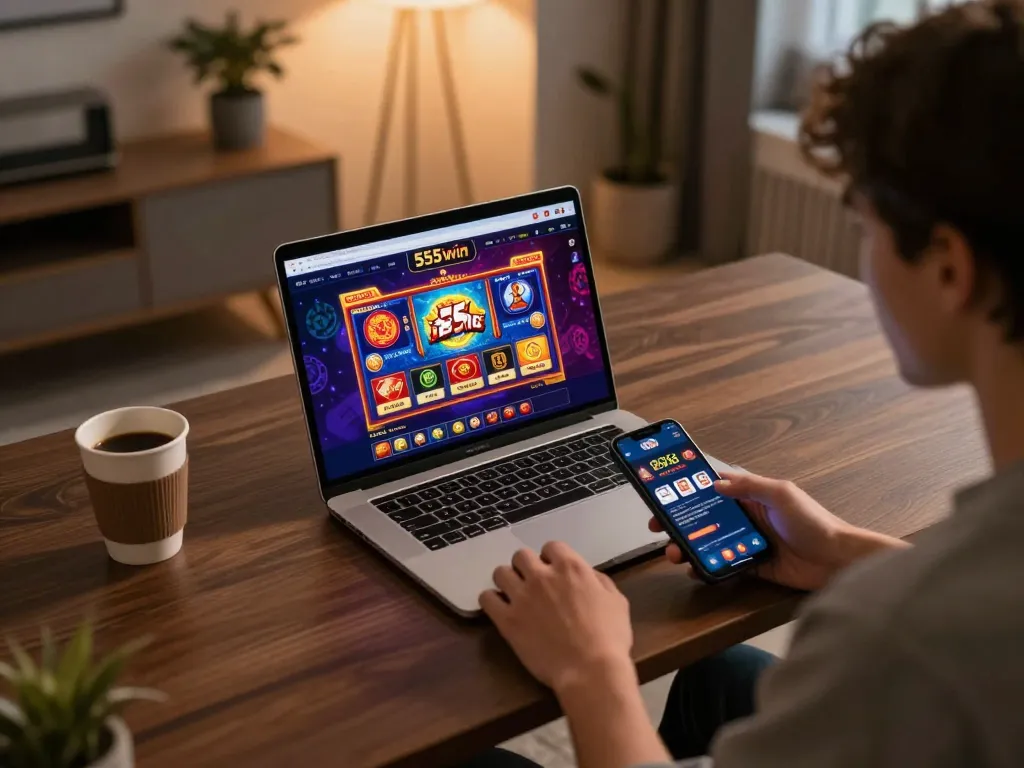 Person engaging with the 555win online casino interface on their laptop in a cozy home setup