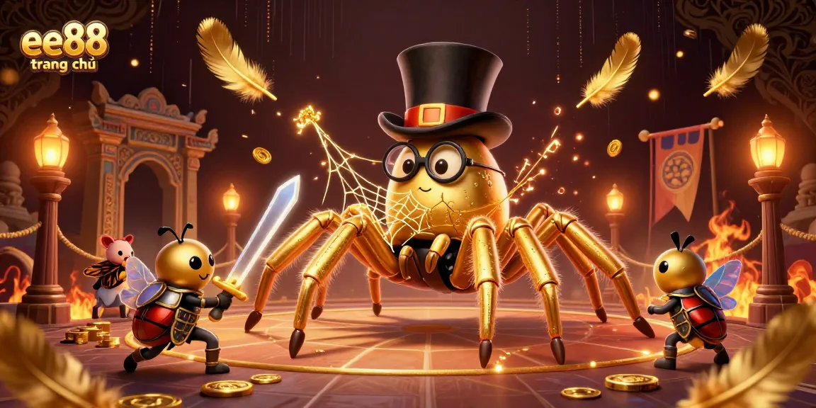 Experience excitement at EE88 trang chủ with a dynamic scene of a golden tarantula, beetle knight, and moth spectators in a casino setting.