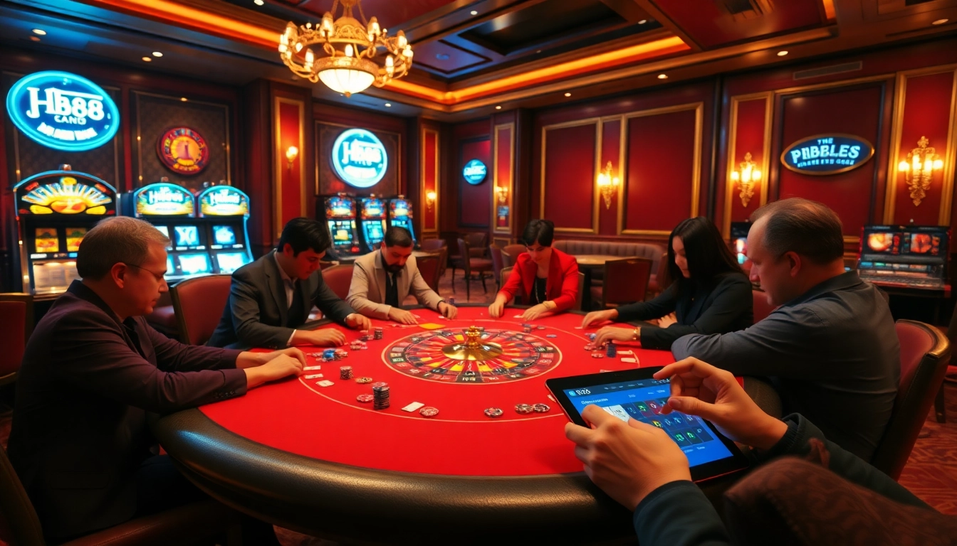 Experience intense poker action with HB88 at a luxurious casino table filled with colorful chips.