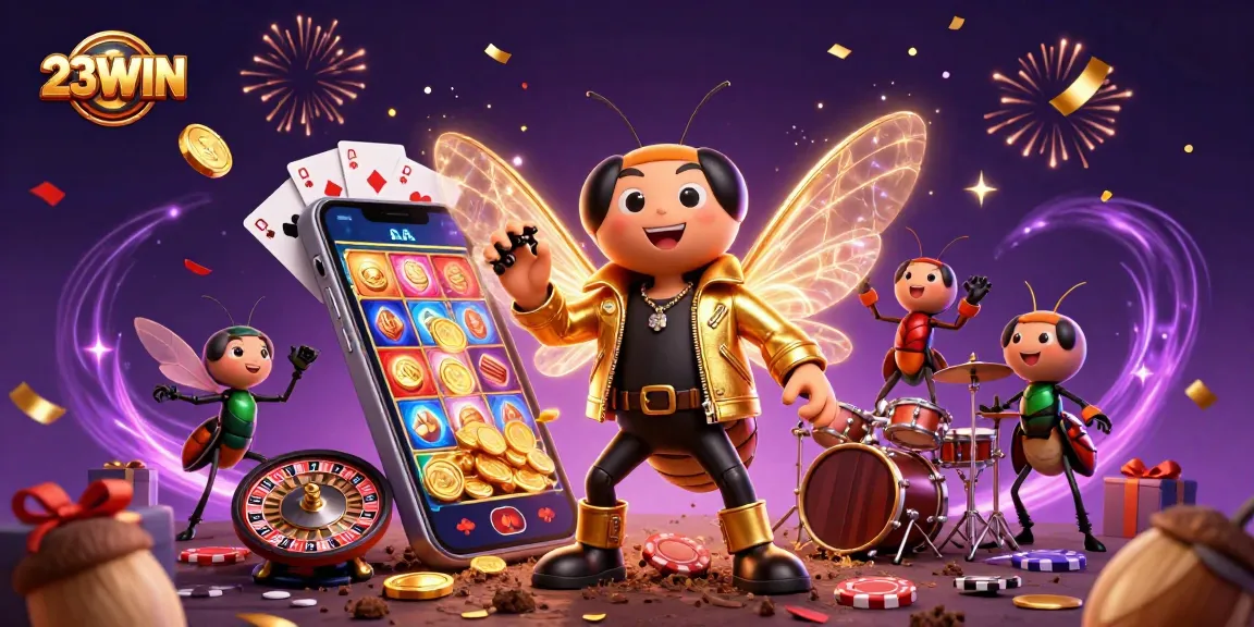 Experience the excitement of 23WIN with a vibrant casino-themed rock concert illustration.
