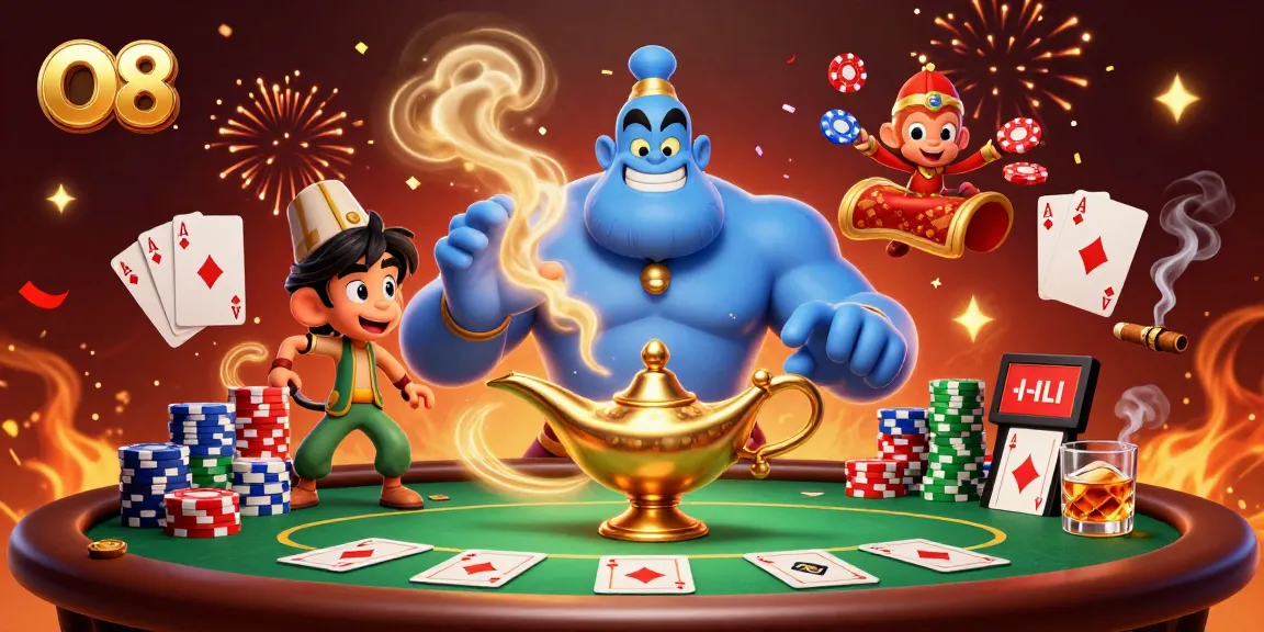 Engage with O8's exciting casino adventure featuring a genie, monkey, and vibrant poker elements.